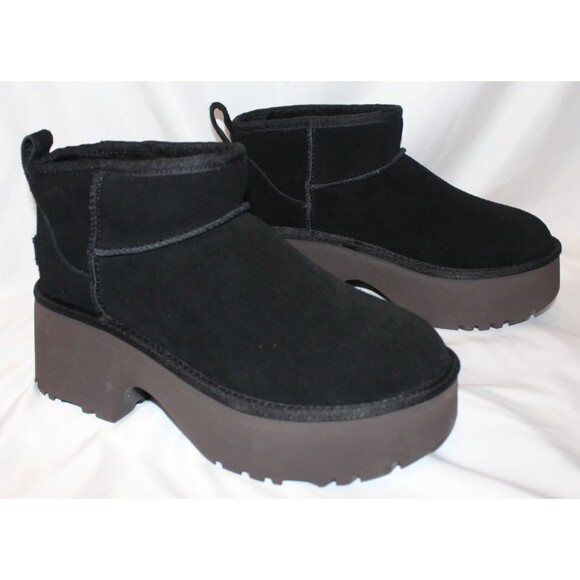 UGG WOMEN NEW HEIGHTS ULTRA MINI PLATFORM SUEDE SHEARLING LINED BOOTS BLACK - Picture 1 of 7